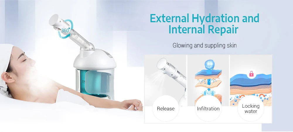 White nano ionic facial steamer with 360-degree nozzle for deep pore cleansing, hydration, and glowing skin spa care.