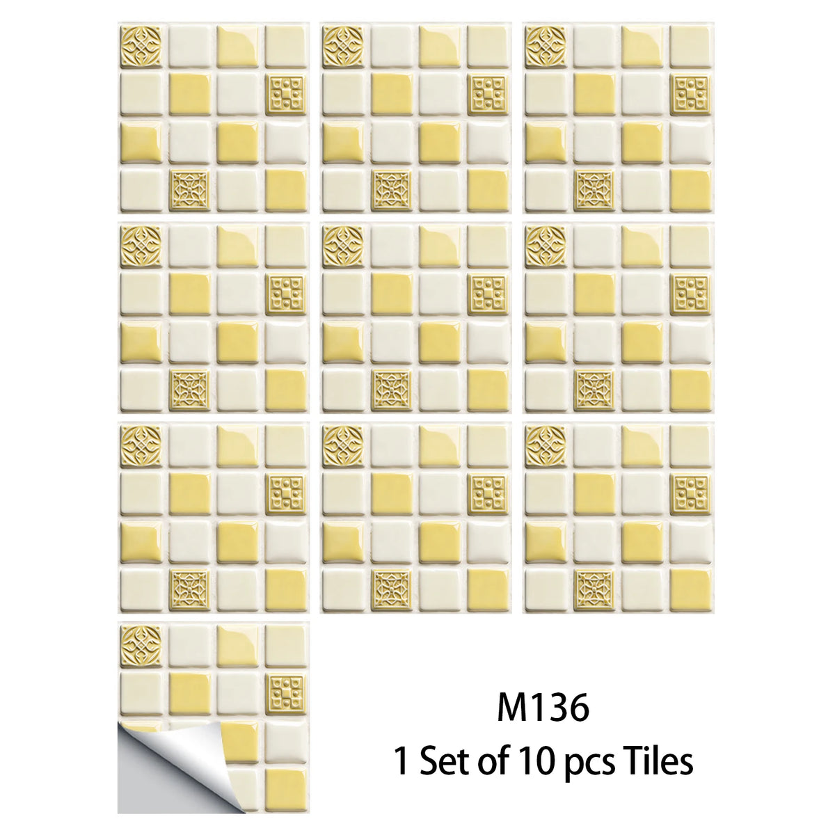 Soft yellow and white square mosaic tile sticker set sheet with gold and gray accents