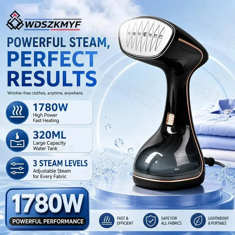 Garment steamer handheld in black with rose gold trim, 1780W power, and 320ml tank for wrinkle-free clothes.