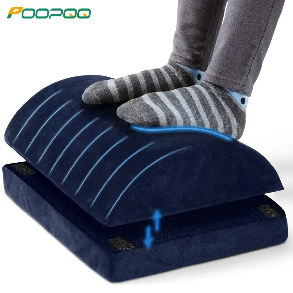 Adjustable navy blue ergonomic under desk footrest for work with feet resting on the two-piece foam comfort cushion.