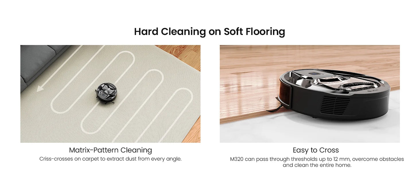 Tidesmit Lefant M320 Robot Vacuum showing self-charging dock, 6000Pa suction, and carpet detection sensor view.