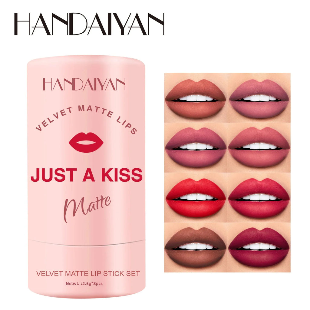 Handaiyan 8-piece velvet matte lipstick set in a pink gift box featuring diverse pigmented, long-lasting lip colors.