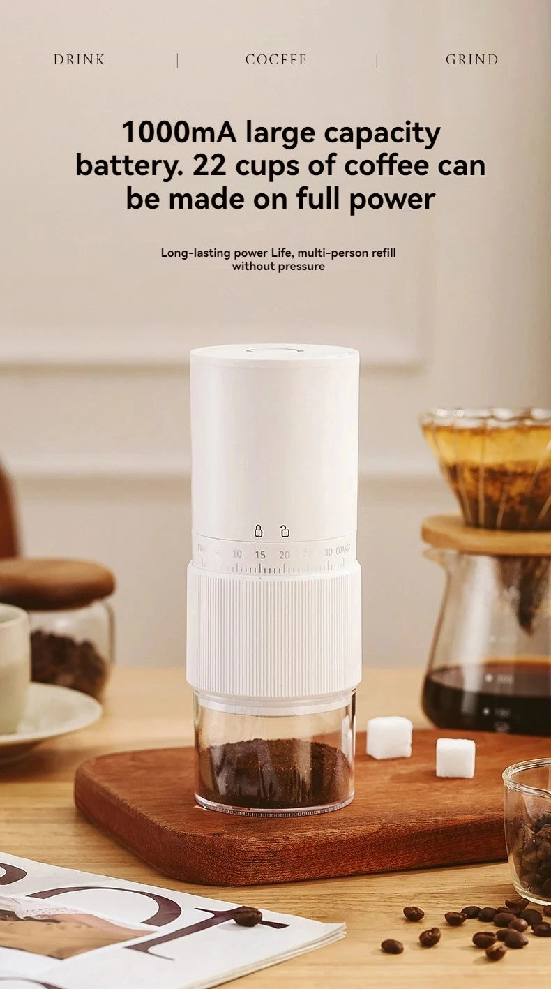 White portable electric coffee grinder with 1000mAh battery for 22 cups, features adjustable grind settings.