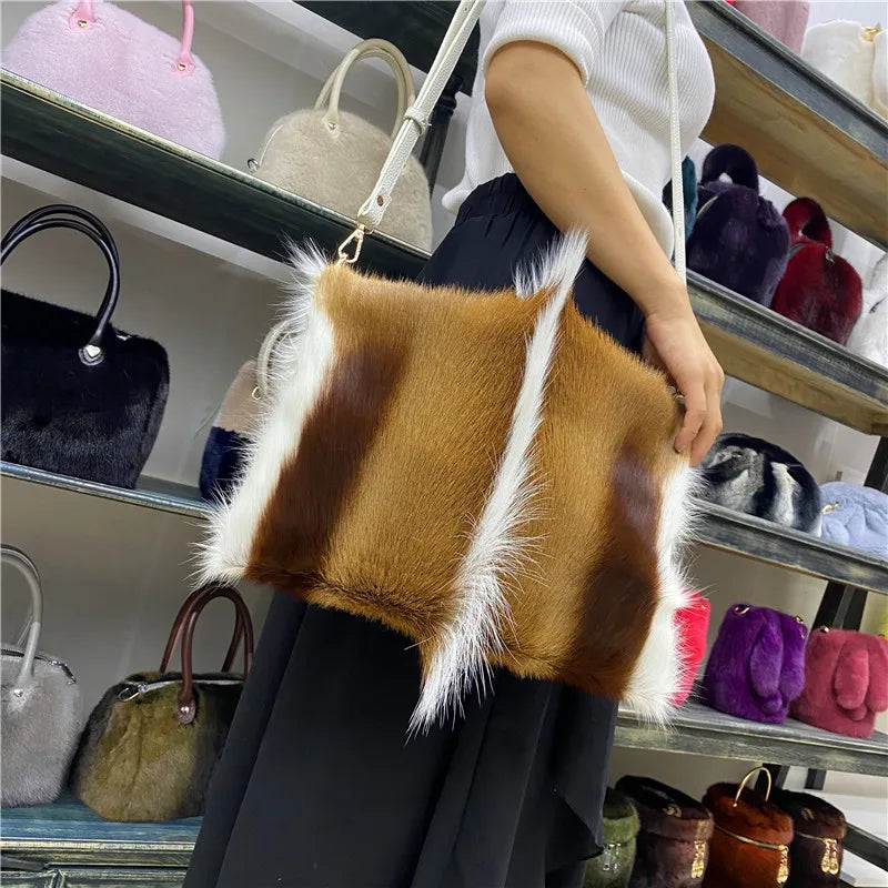 Tote Bag Women's Wool Cashmere Turf Leather Handle Contrast Color Handbag 2025 Luxury Brand High-end Large Capacity Shoulder Bag