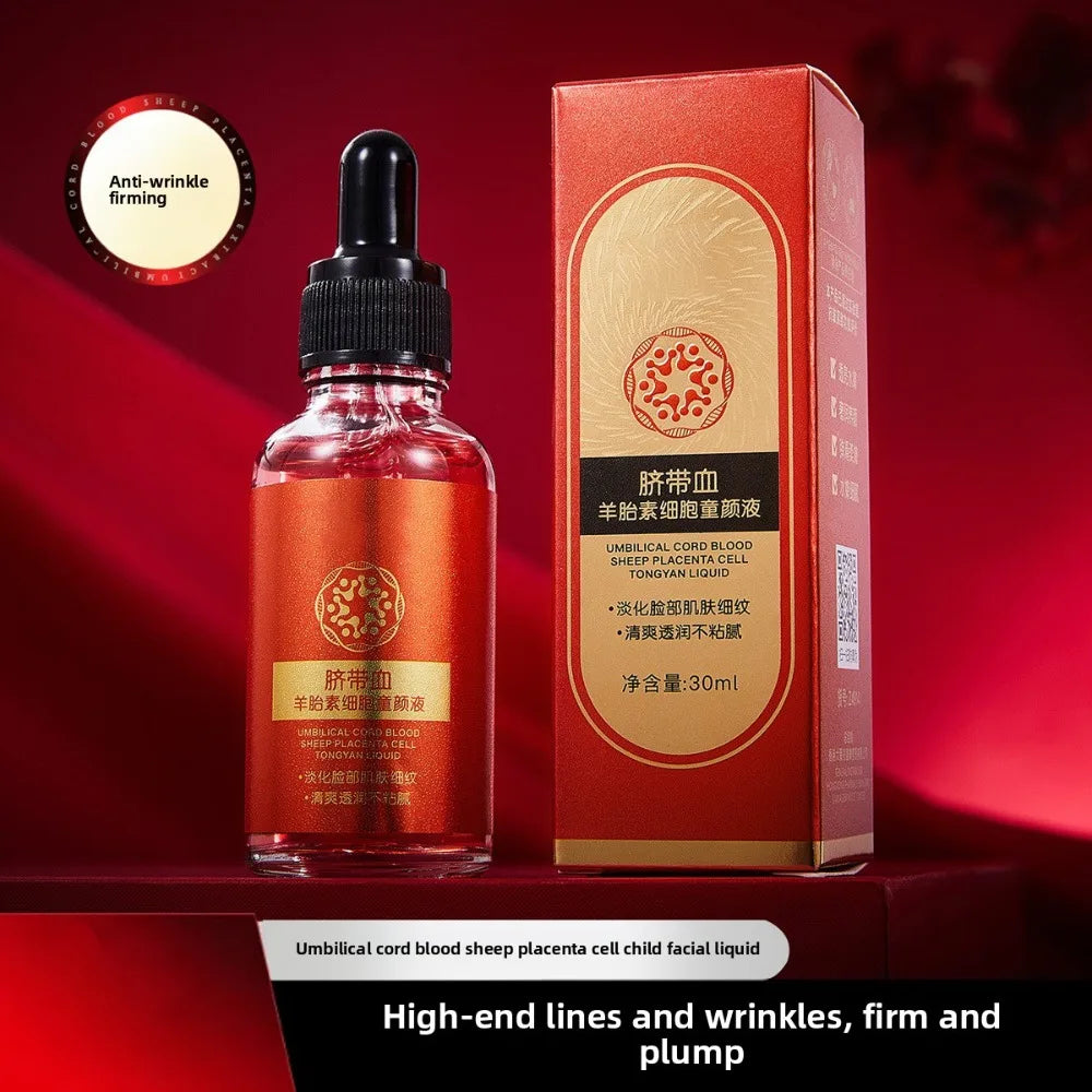 30ml Umbilical Cord Blood Sheep Placenta Serum in red dropper bottle for anti-wrinkle, firming, and delicate skin care.