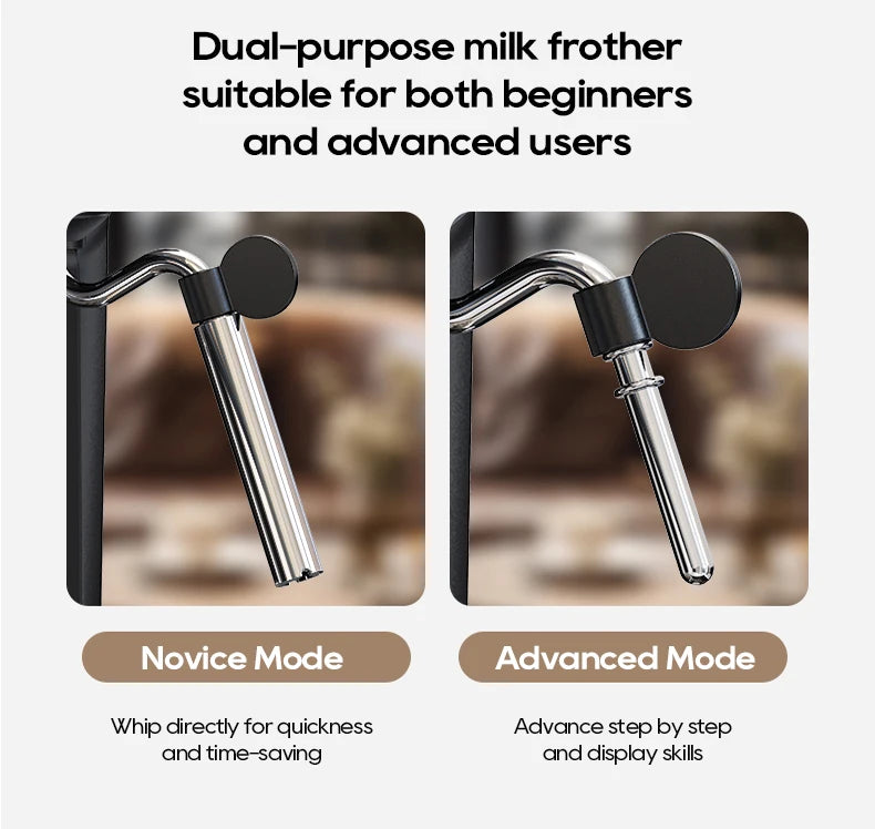 Dual-mode stainless steel milk frother wand for espresso machines, featuring novice and advanced settings.