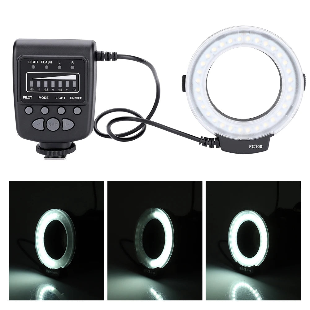 Macro LED ring flash with a black control unit and wired ring light for close-up camera photography.