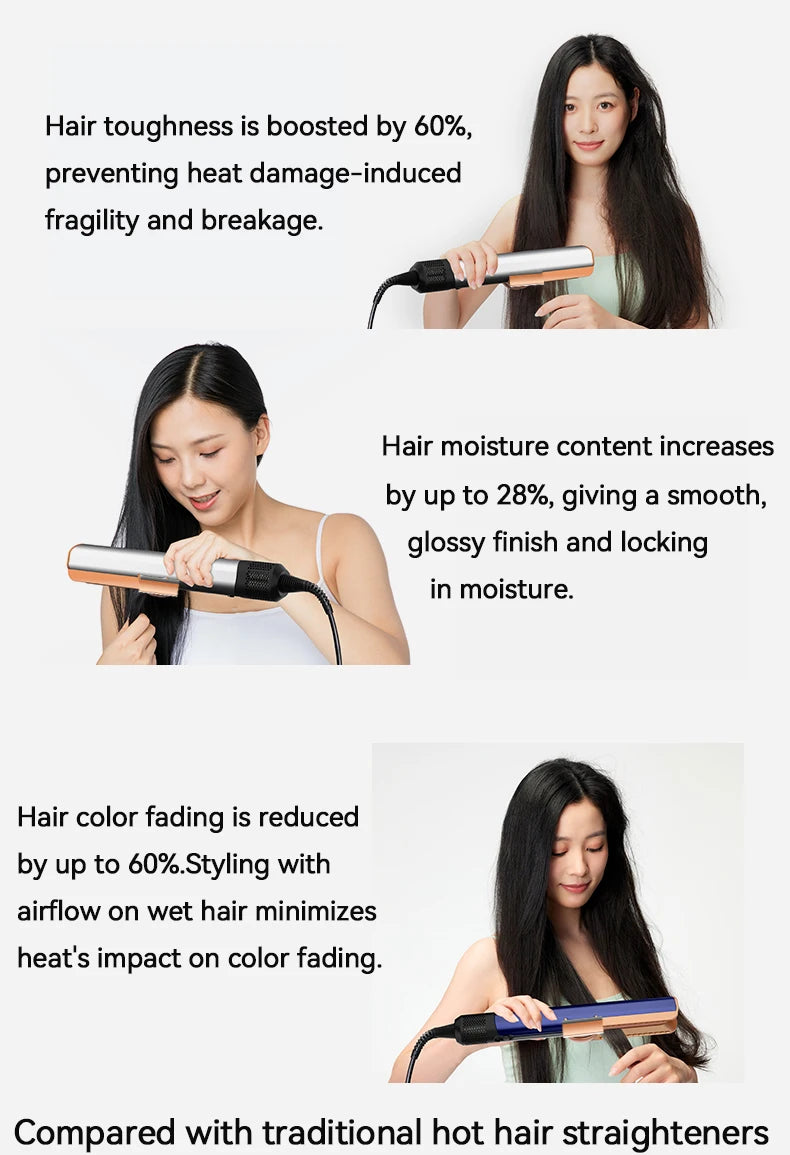 2-in-1 silver hair straightener and dryer with negative ion tech for smooth, damage-free styling at home or salon.