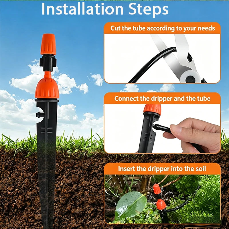 Adjustable 2-in-1 Drip Spray Stake Emitter 360° Mist Nozzle Garden Auto Watering Irrigation Stake for Greenhouse Lawn Plant Pots