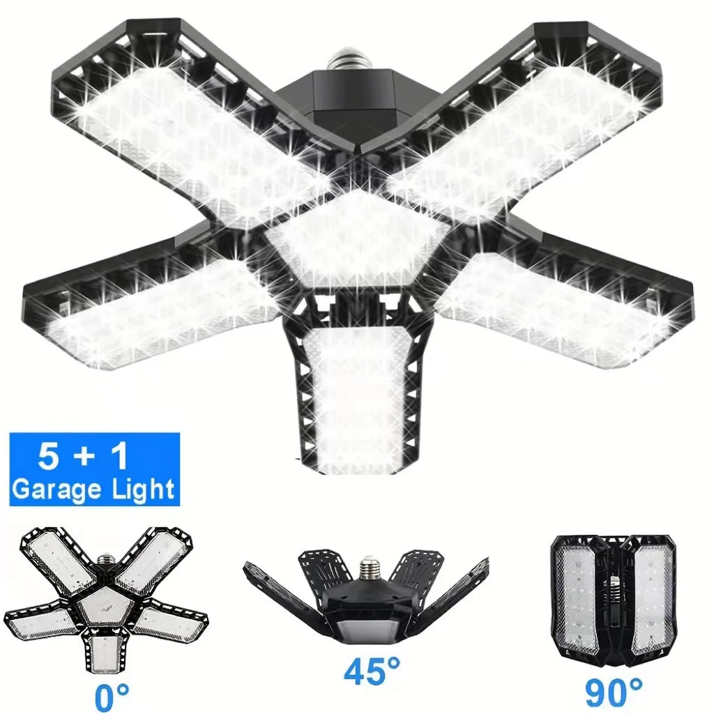 Adjustable black LED garage ceiling light head with 5 panels; angle views 0°, 45°, 90°