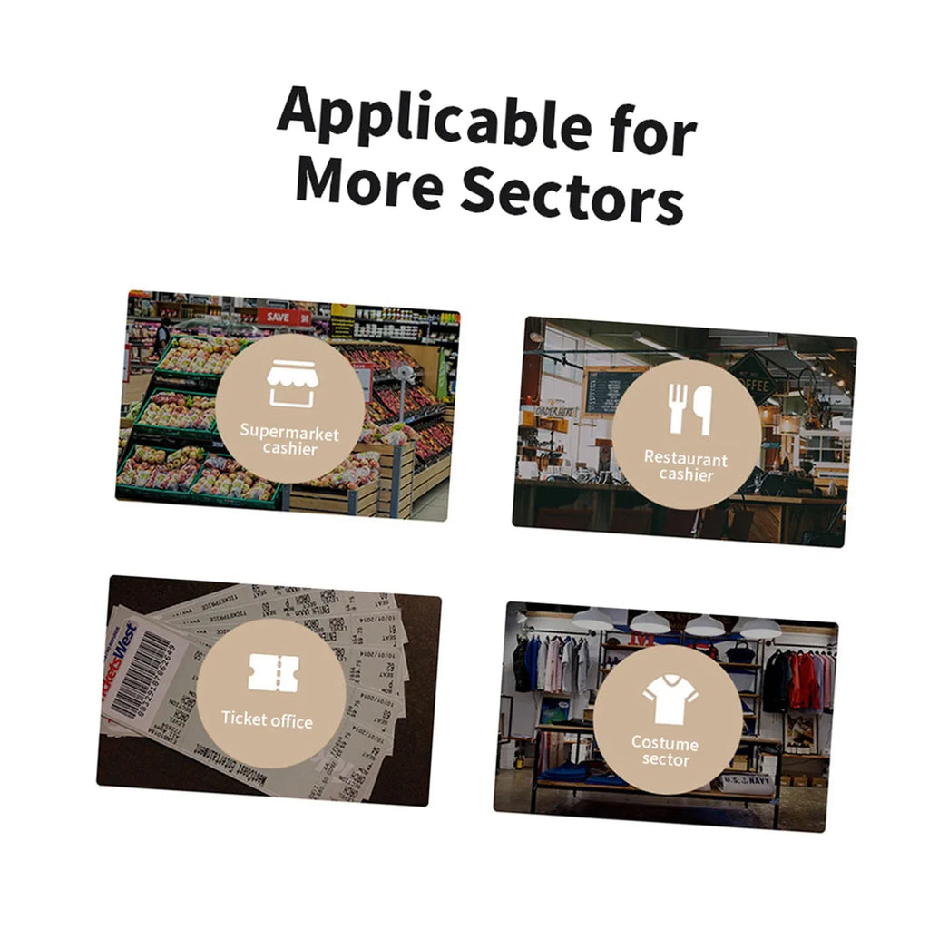 Barcode scanner application cards with store, restaurant, ticket, and clothing icons