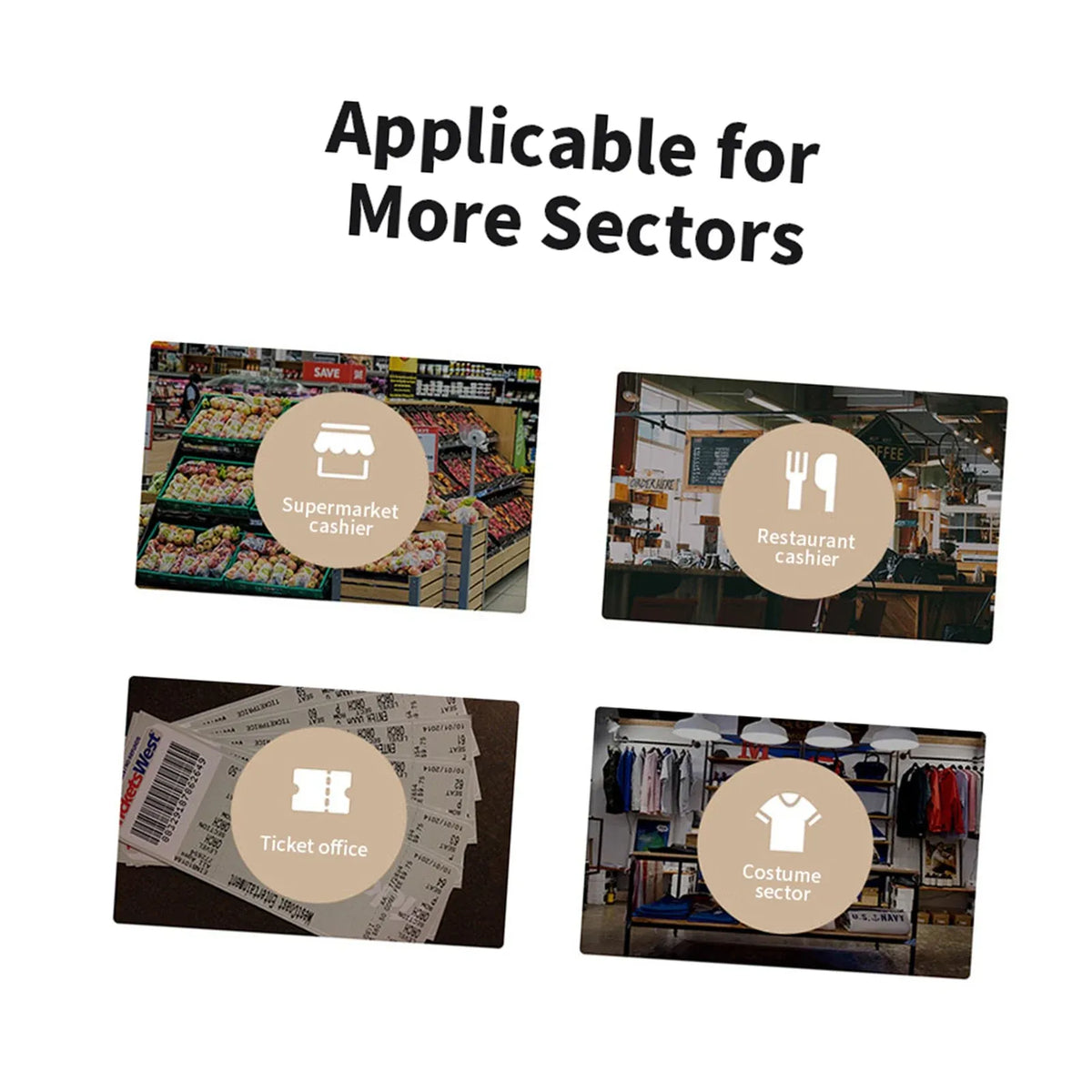 Barcode scanner application cards with store, restaurant, ticket, and clothing icons