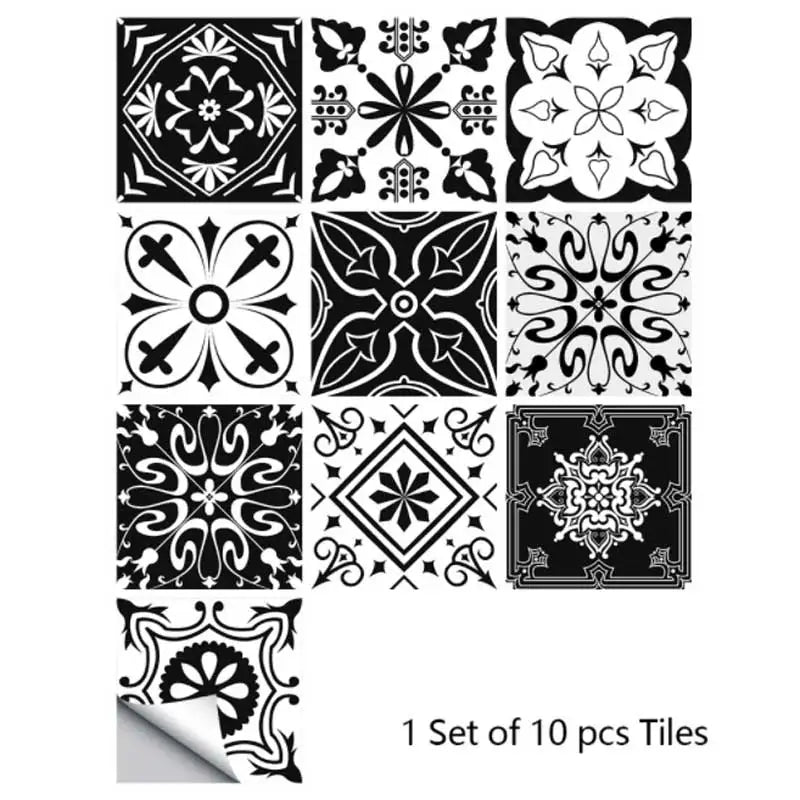 Set of mosaic tile sticker tiles, black and white floral and geometric Moroccan designs