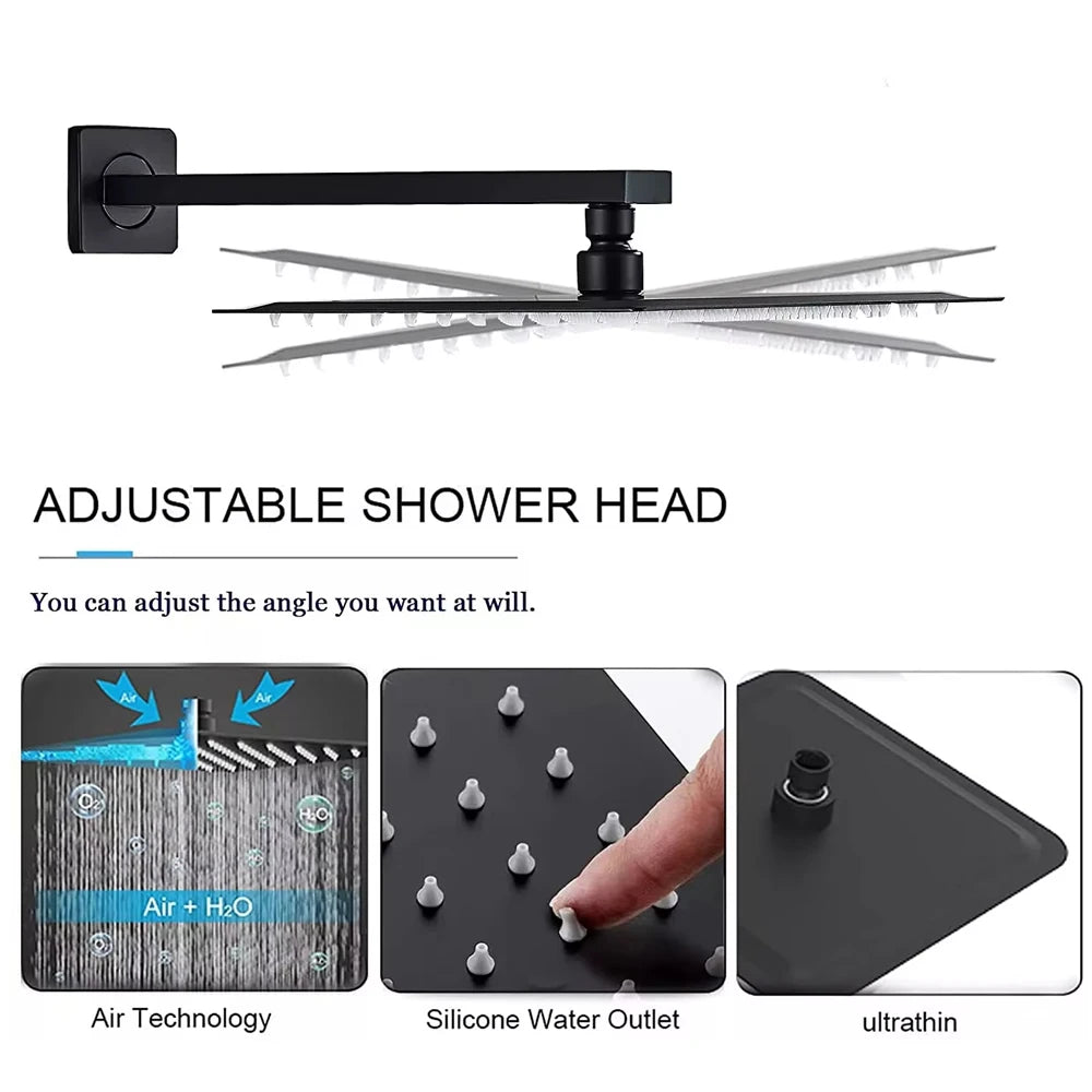 Matte Black Wall Mount Bathroom Shower Faucet 12/16" Rainfall Mixed Hot Cold Water Mixer Shower Tap with Hand Sprayer