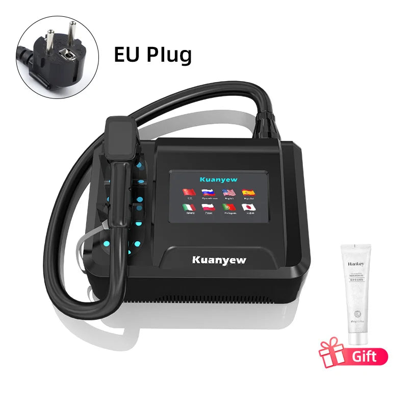 Black 808nm laser hair removal machine with touchscreen, handpiece, and EU plug for painless skin rejuvenation.