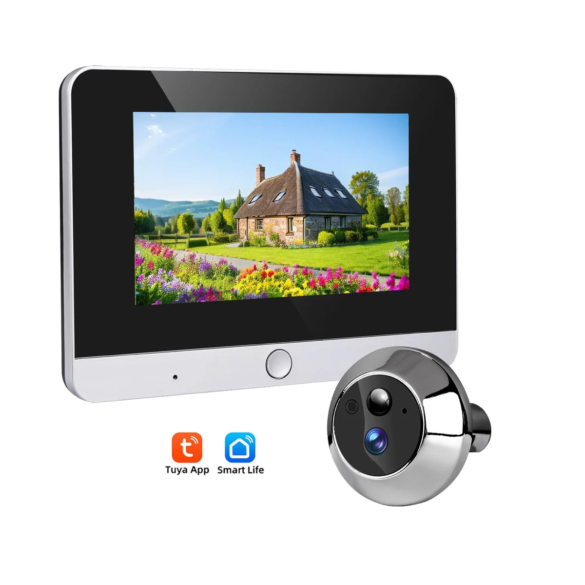 Tuya smart door peephole camera front view with LCD display and round camera module