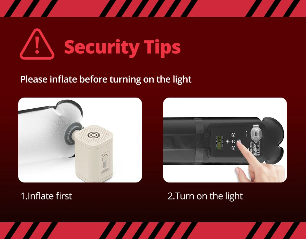 Instructions for an inflatable LED light: first inflate with the beige pump, then power on via the black control panel.