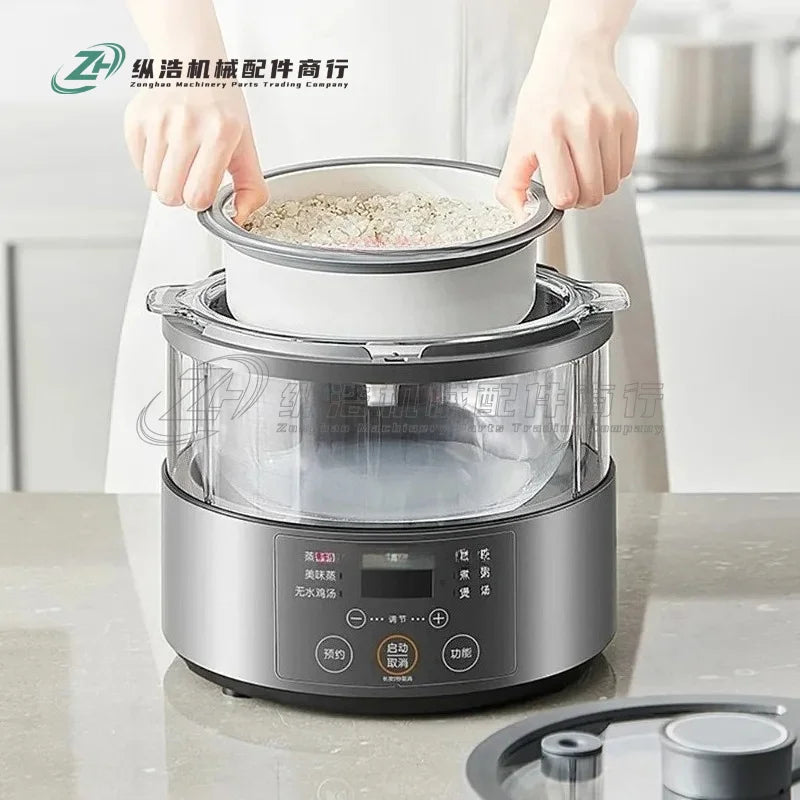 Rice cooker steamer with stainless outer pot; hands place rice in open inner basket