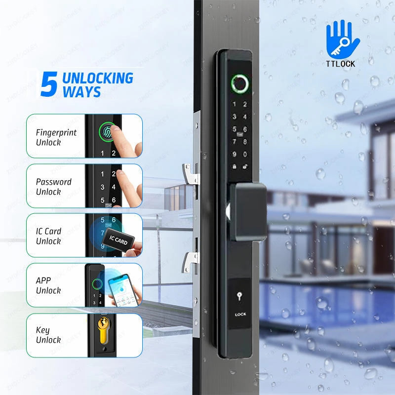 ZHDCOOKEY Biometric Digital Door Lock  Waterproof TTLock APP BLE Fingerprint RFID Card Password Aluminum Sliding Door Smart Lock