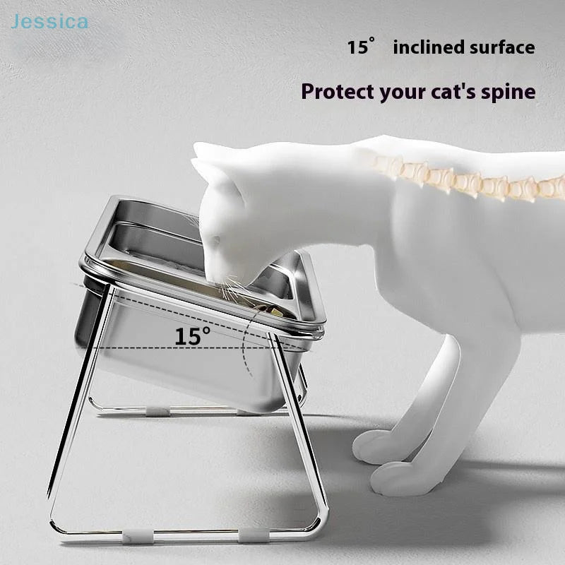 Slanted stainless steel double pet bowl for cats and dogs with 15° incline to support spine health and prevent neck pain.