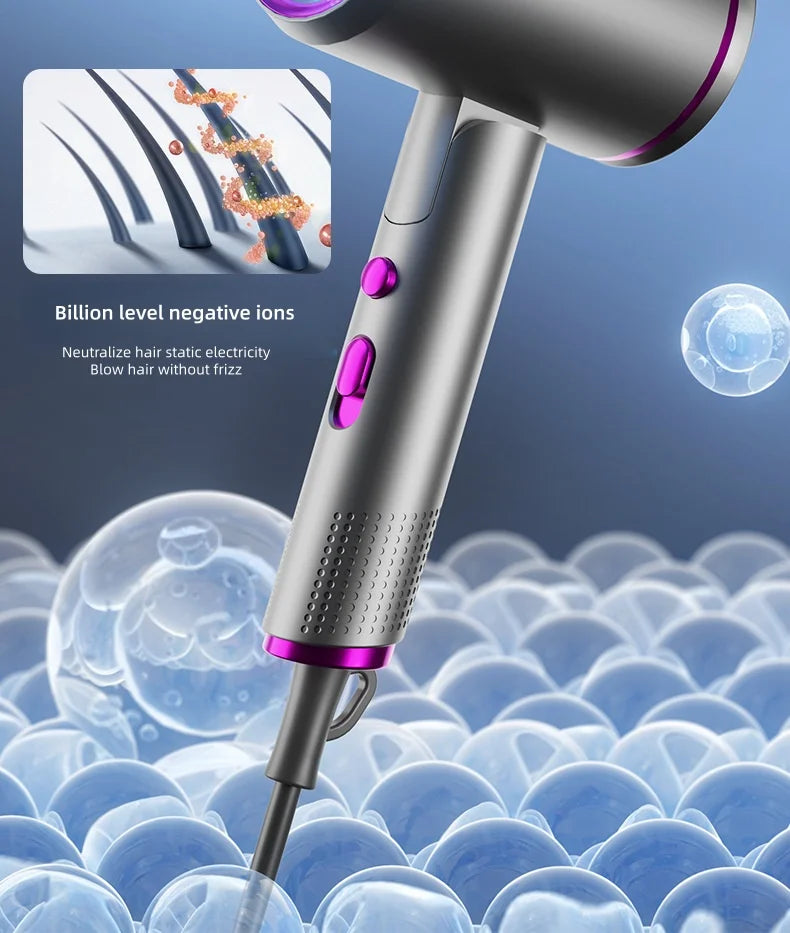 2400W foldable ionic hair dryer, gray with purple accents, featuring negative ion technology for anti-frizz styling.