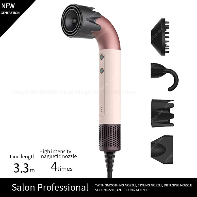 Pink negative ion hair dryer with magnetic styling attachments and 3.3m cord for salon-grade professional hair care.