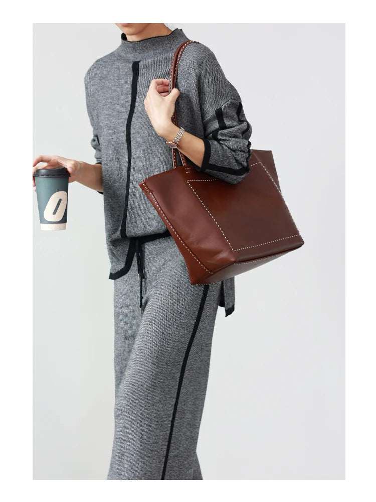 Women Large Capacity Genuine Leather Tote Soft Shoulder Bag