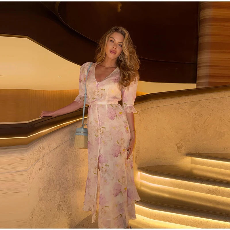 Printed Lace Patchwork Maxi Dress Women V-Neck Half Sleeve Single Breasted Lace Up Long Dresses 2026 Summer All-match Lady Robes