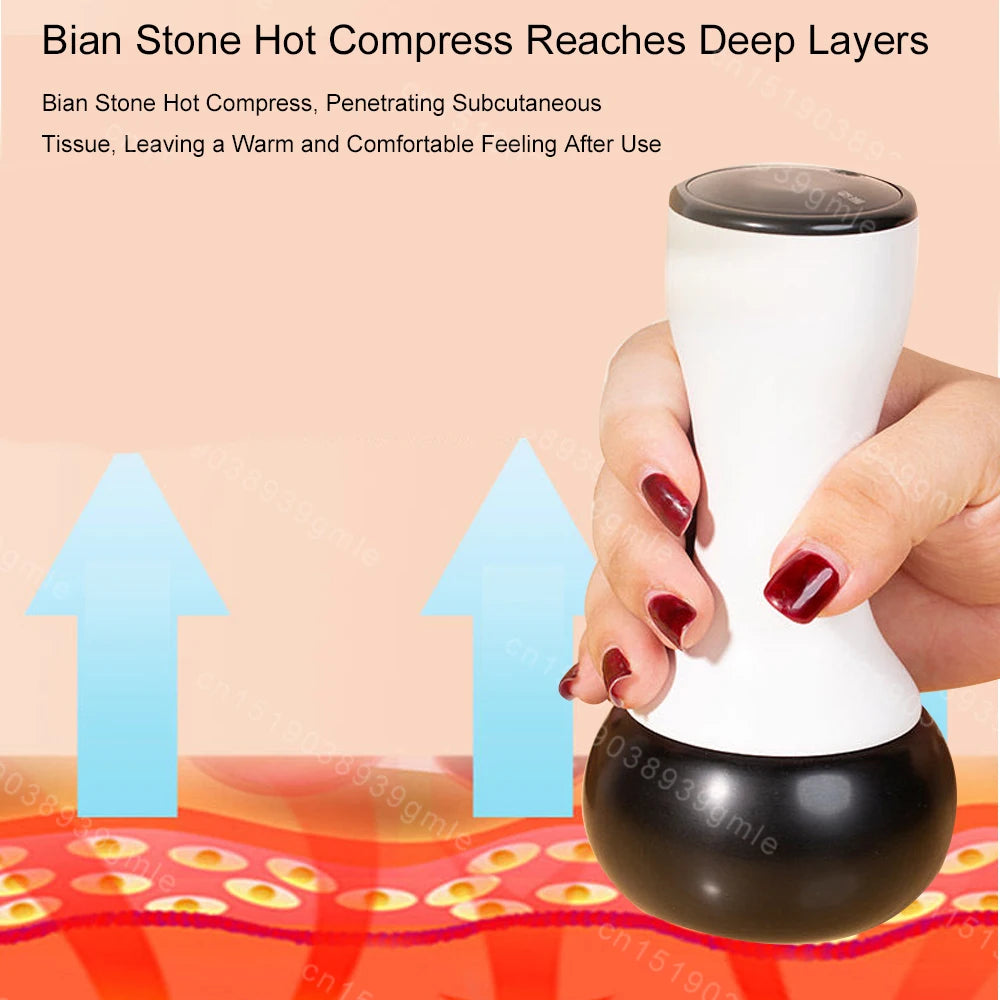 Handheld electric Gua Sha massager with a white hourglass handle and round black Bian stone head for hot compress.