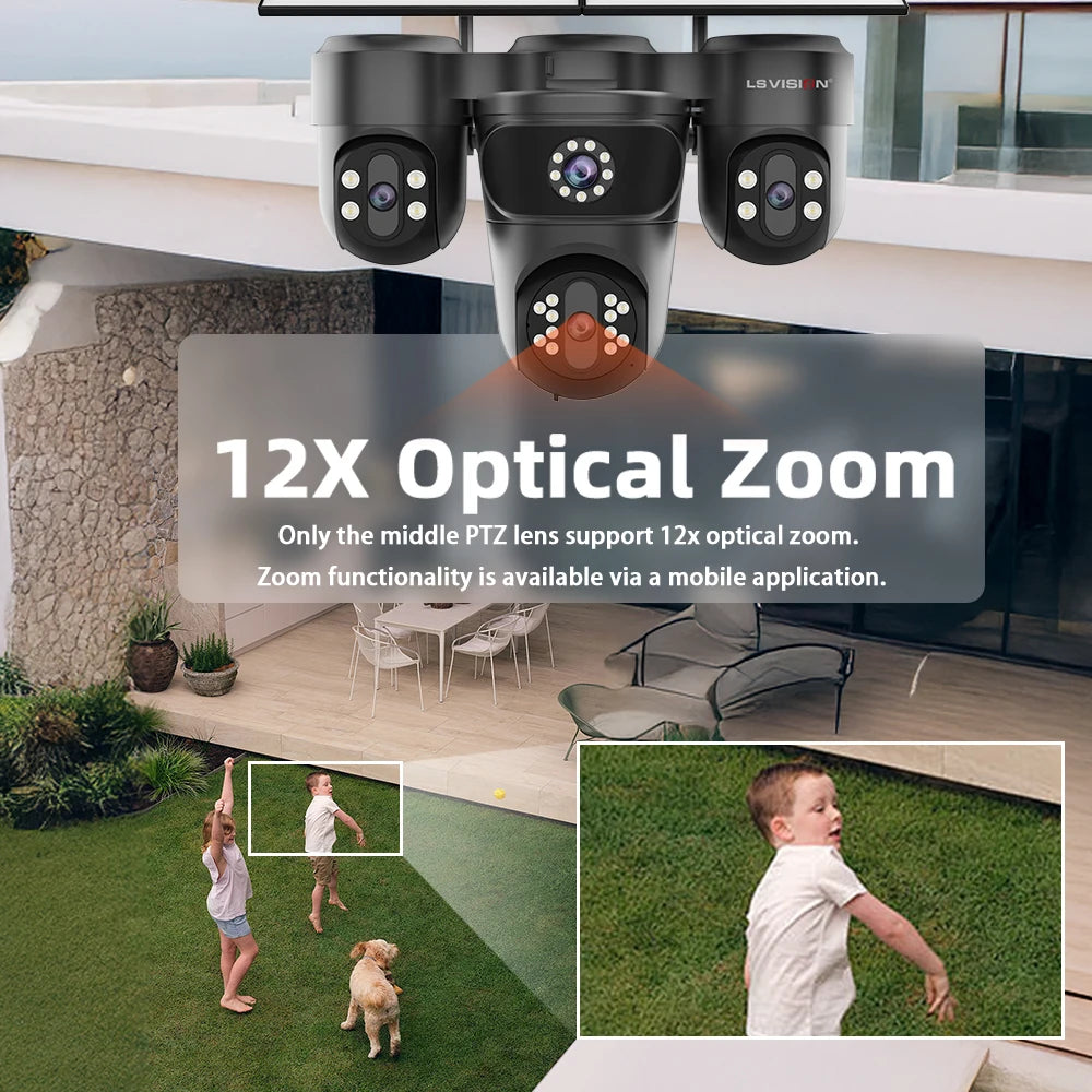 LS VISION 4-Screen 12X Optical Zoom Solar Outdoor Surveillance Camera 4G SIM AOV 24/7 Video Recording Cam Ai Auto Zoom Tracking