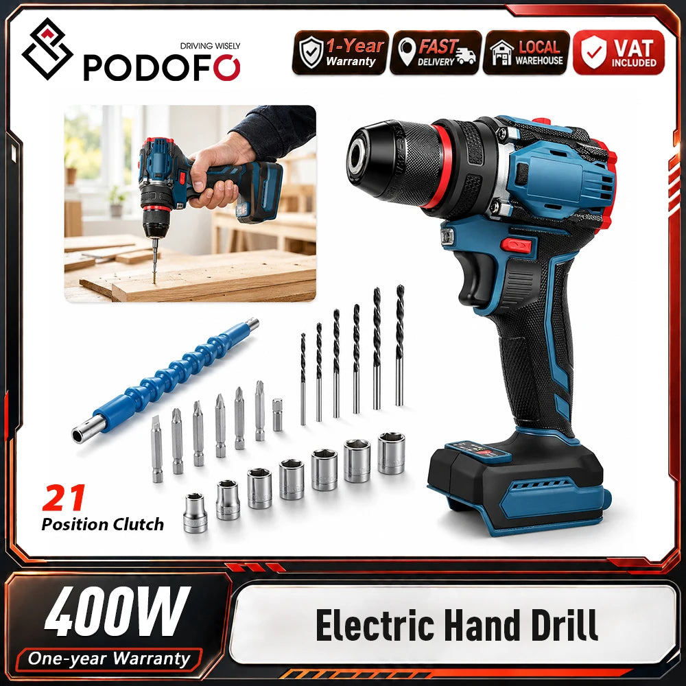 Podofo Household Multifunctional Cordless Power Drill Bare Unit, Portable Electric Screwdriver Driver With 21 Position Clutch Torque Adjustment, LED Light Compact Lightweight DIY Tool For Wood Plastic Ceramic Metal Drilling &