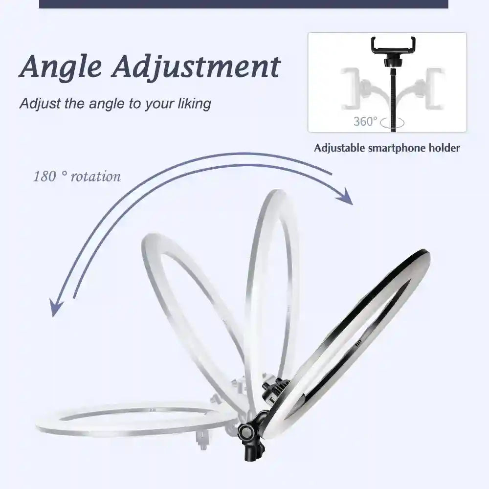 Circular ring light with 180-degree tilt and a 360-degree adjustable smartphone mount for flexible positioning.