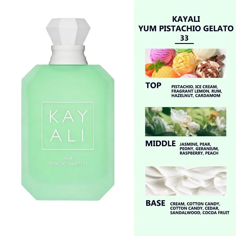 Kayali Yum Pistachio Gelato 33 unisex EDP, green bottle, gourmand scent with pistachio, jasmine, and cotton candy notes.