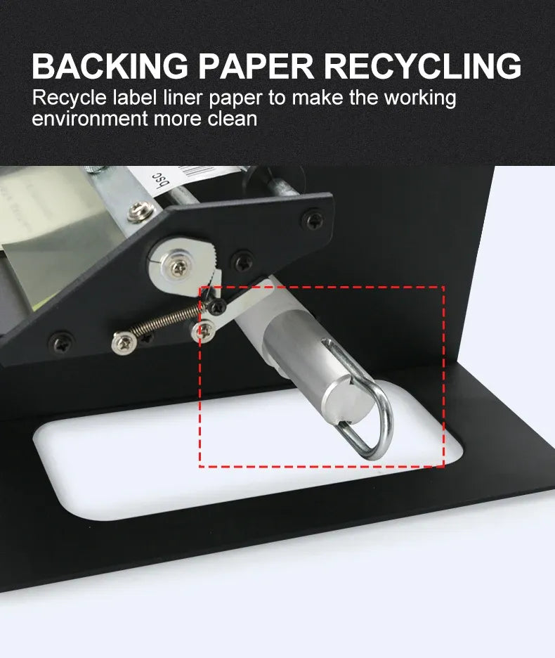 Automatic label stripper machine with backing paper recycling hook and liner feed.