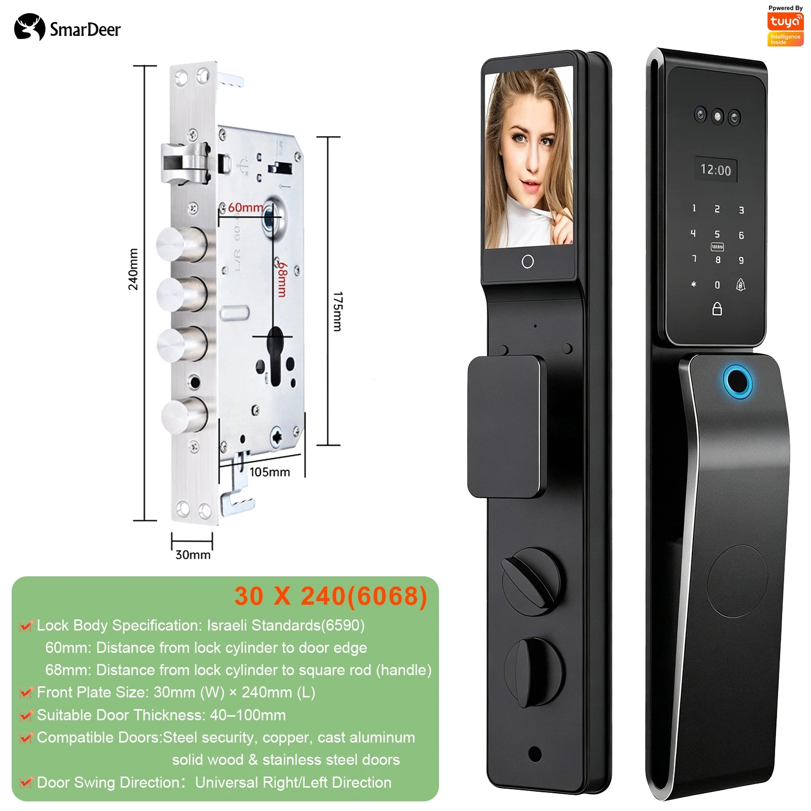 SmarDeer IP66 Outdoor Waterproof Smart Lock,3D Facial & Palm Vein Recognition Lock,Tuya WiFi Keyless Entry Security Lock
