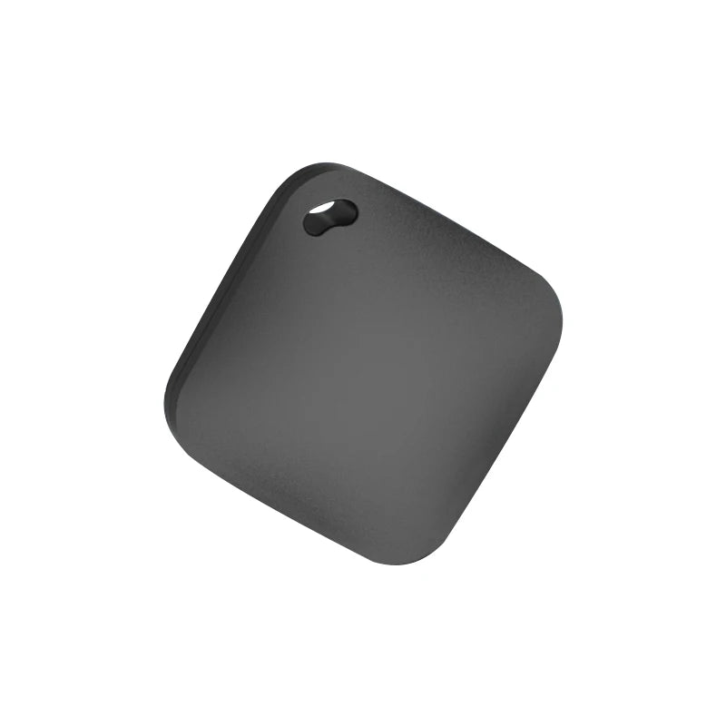 Black smart GPS pet tracker compatible with Apple Find My for accurate, real-time location tracking of pets and keys.