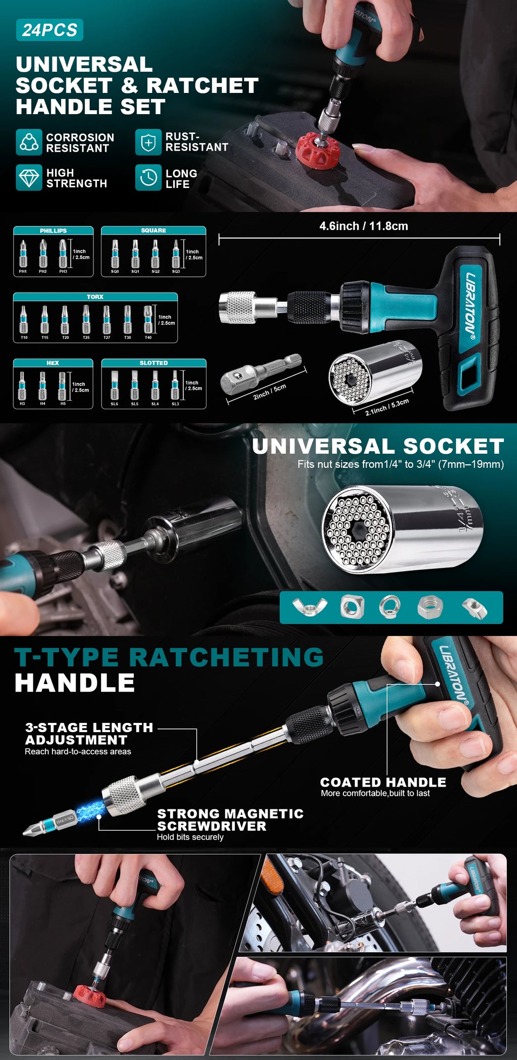 LIBRATON 24PCS Universal Socket & Ratchet T-Handle Screwdriver Bit Set Socket Adapter Magnetic Ratcheting Handle for DIY Repair