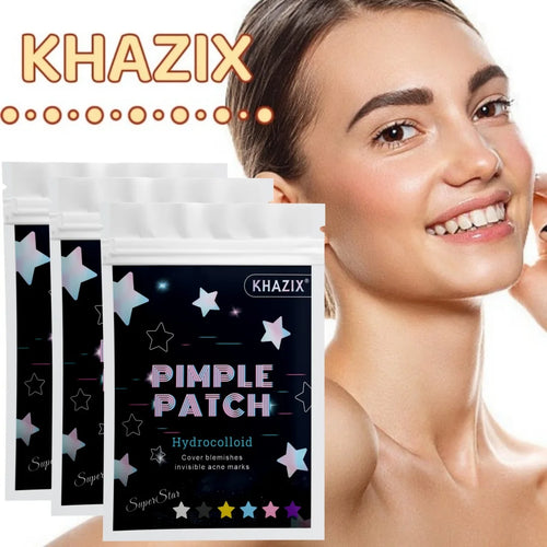 Face with small star acne patch near eye plus KHAZIX pimple patch package