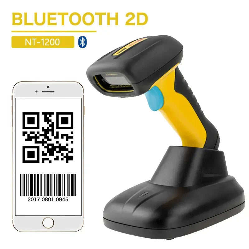 Handheld 2D Bluetooth barcode scanner with black and yellow body on charging stand