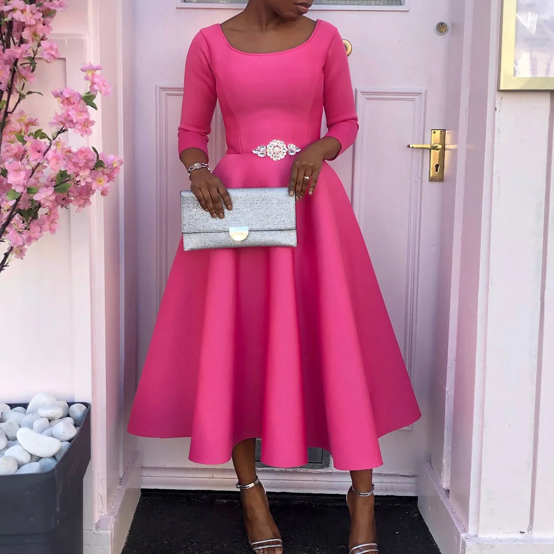 Elegant Pure Color Maxi Dress Evening Gown A- Line Skirt Polyester Fabric round Neck Short Sleeve High Waist Midi Dress