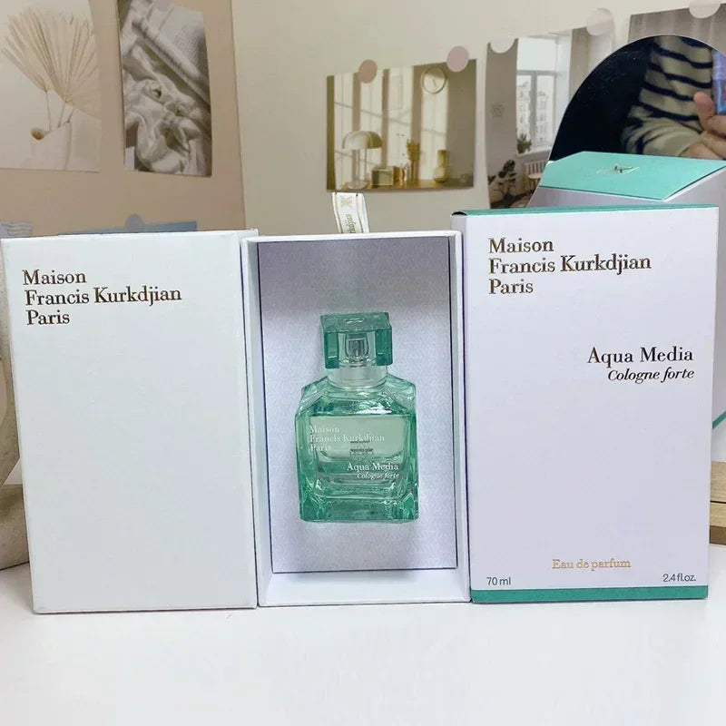 Maison Francis Kurkdjian Aqua Media Cologne forte 70ml EDP, unisex green glass bottle, luxury fragrance gift set.