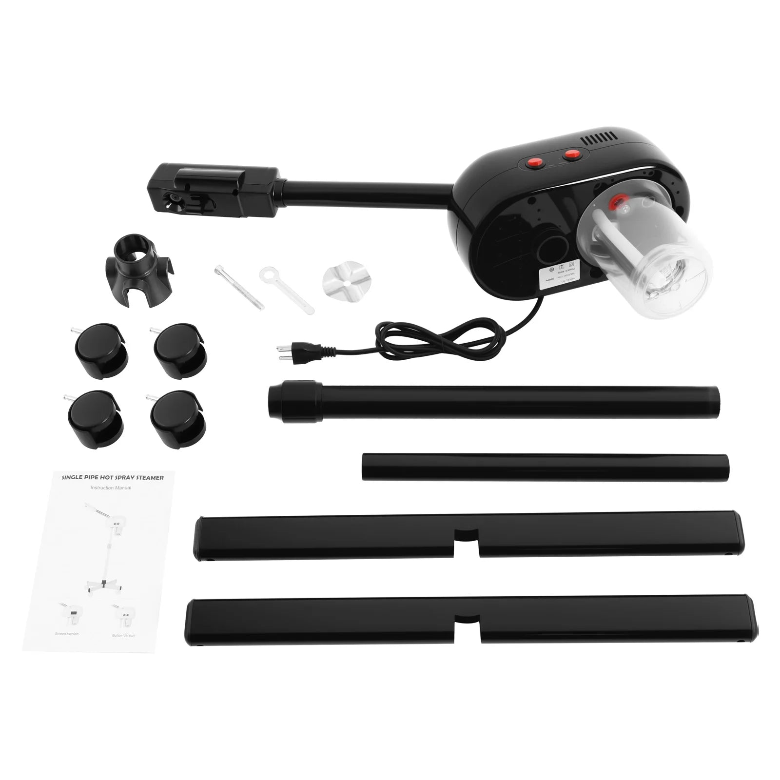 Black 750ml professional facial steamer parts, adjustable stand, wheels, and manual for spa skin care treatment.
