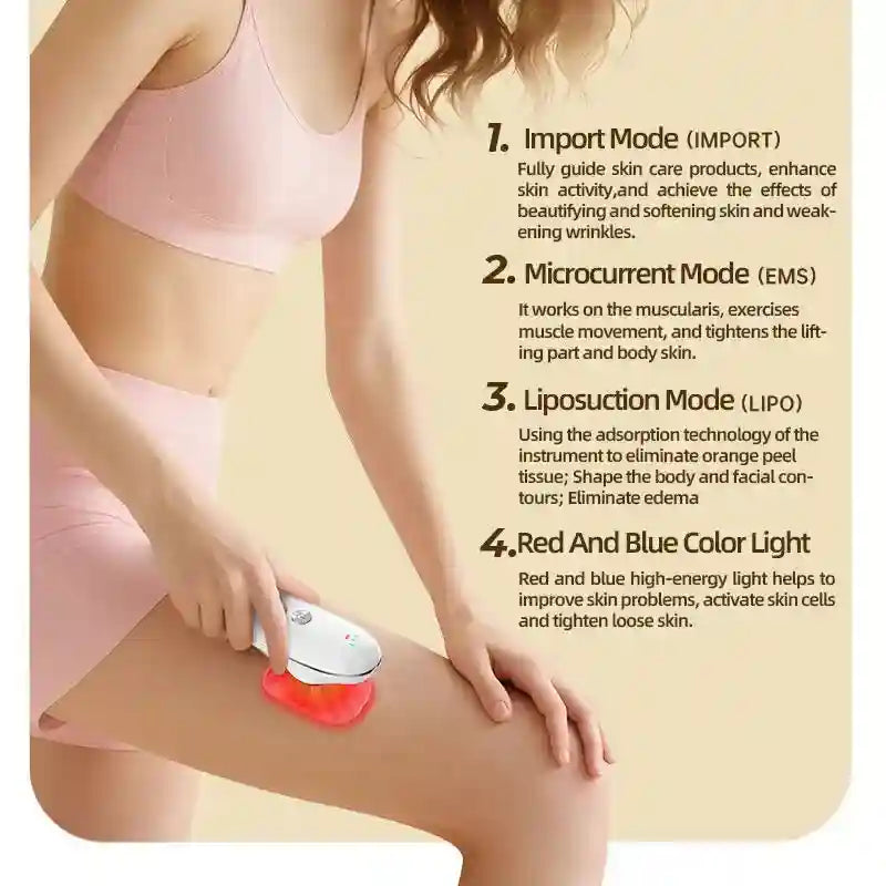 White 4-in-1 handheld body sculpting device with red light, shown in use on a woman’s leg with product feature text.