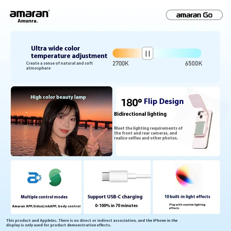 Amaran Go portable LED phone light with 180-degree flip design for selfie lighting, adjustable temp, and USB-C charging.