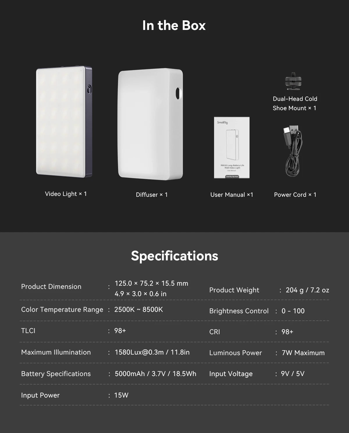 Includes rectangular portable LED video light, white diffuser, cold shoe mount, manual, and power cable with specs list.