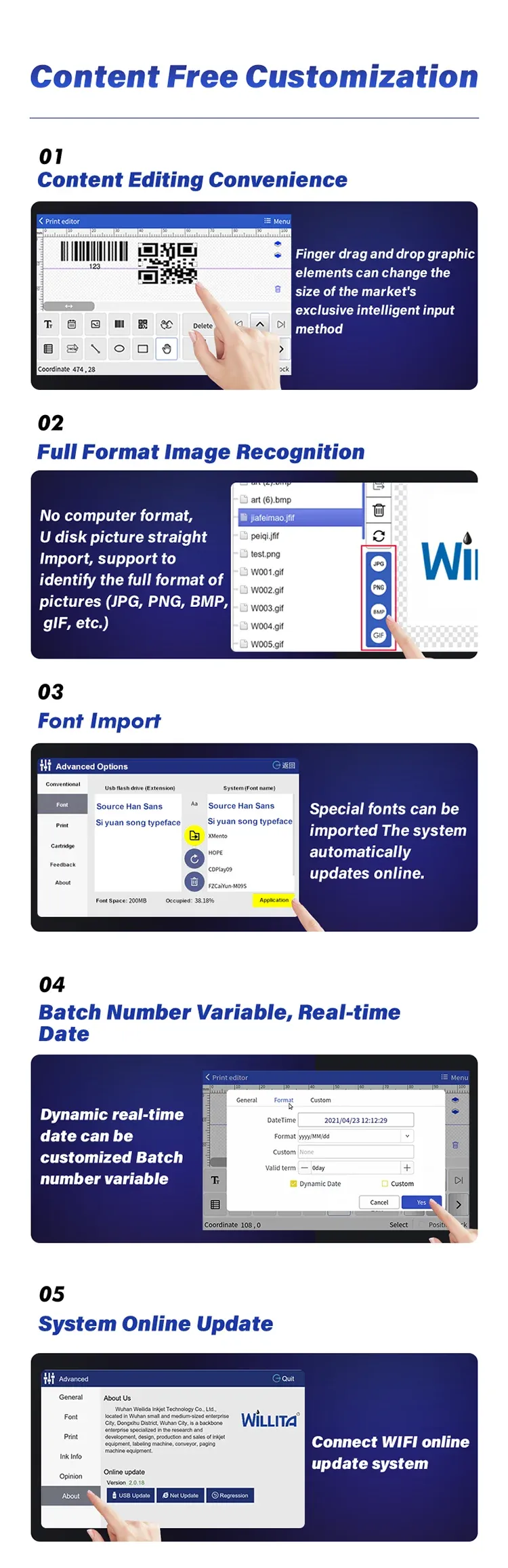 Printer software screens for content editing, format recognition, and system updates