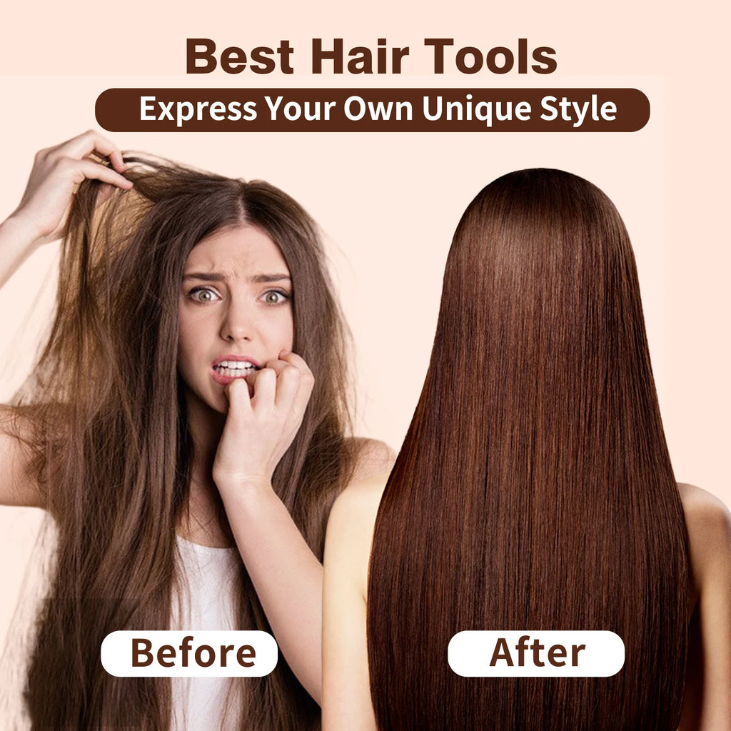 Before and after of a woman’s hair straightened with a 2-in-1 LCD ion hair dryer and styling multi-styler tool.