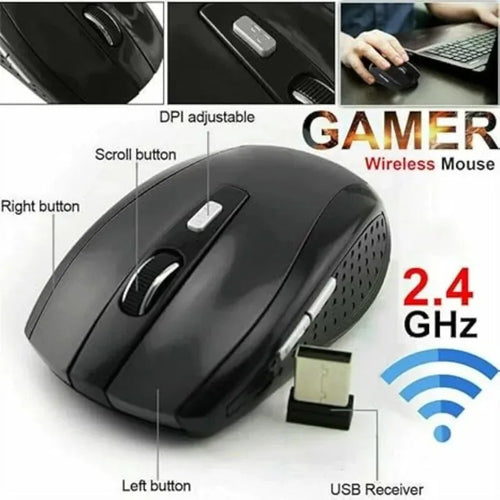 Black wireless ergonomic gaming mouse with scroll wheel, DPI button, and USB receiver, labeled with feature pointers.