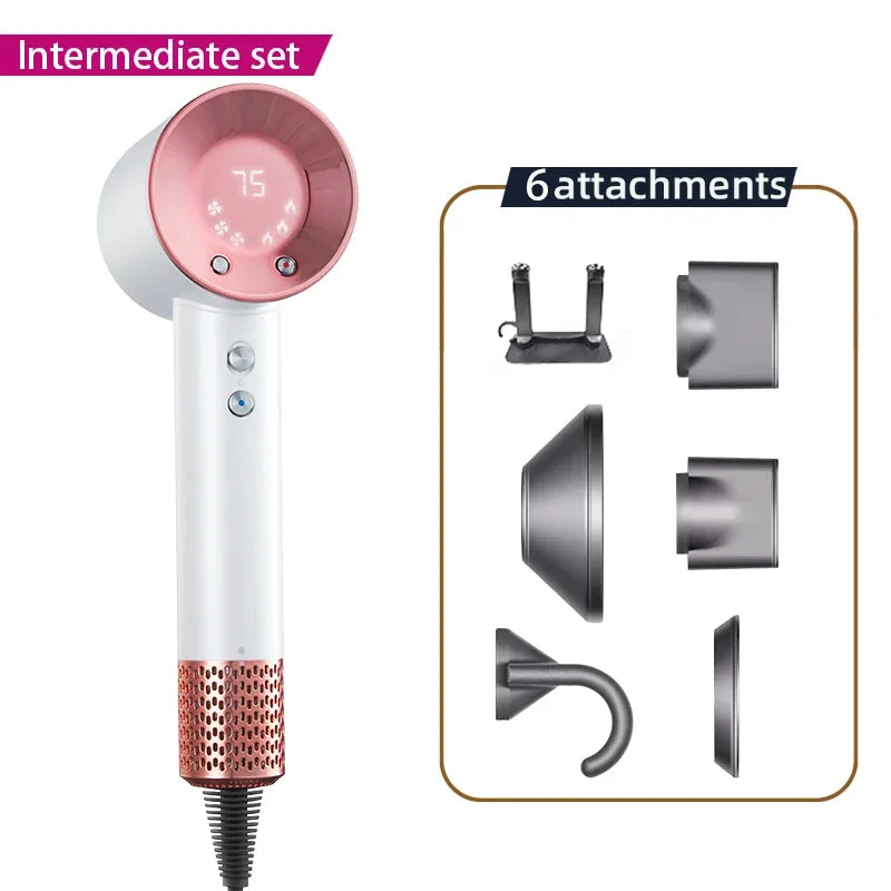 High-speed professional hair dryer in white and rose gold with LED temp display and 6 styling attachments.