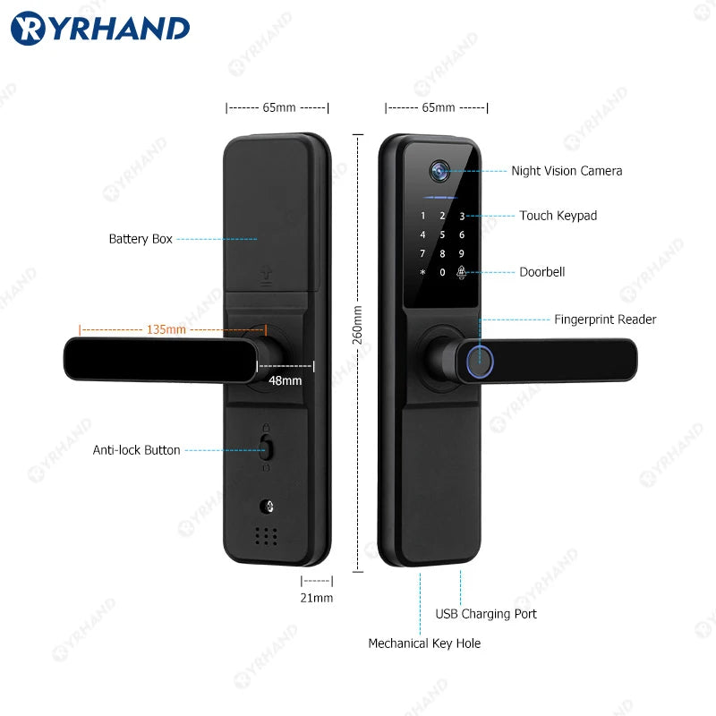 YRHAND Tuya Wifi fechadura eletronica digital Smart Door Lock With Biometric Camera Fingerprint Smart Card Password For home